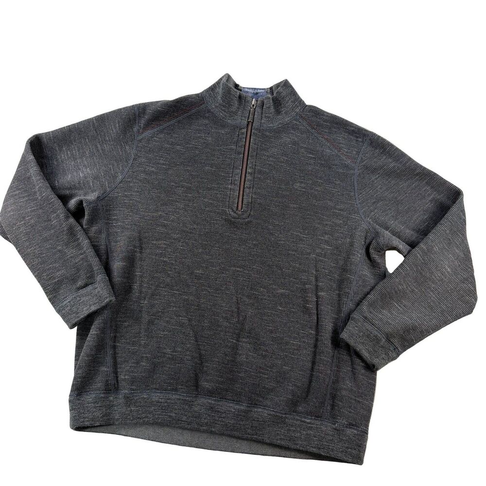 Tommy Bahama Reversible Quarter Zip Pullover Sweater XL Charcoal Grey Mens